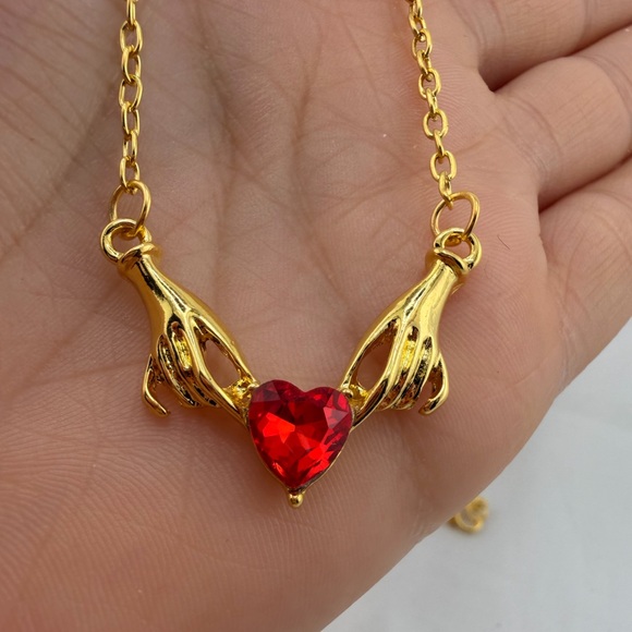 Gold Hands Holding Red Heart Necklace Romantic - Picture 3 of 11